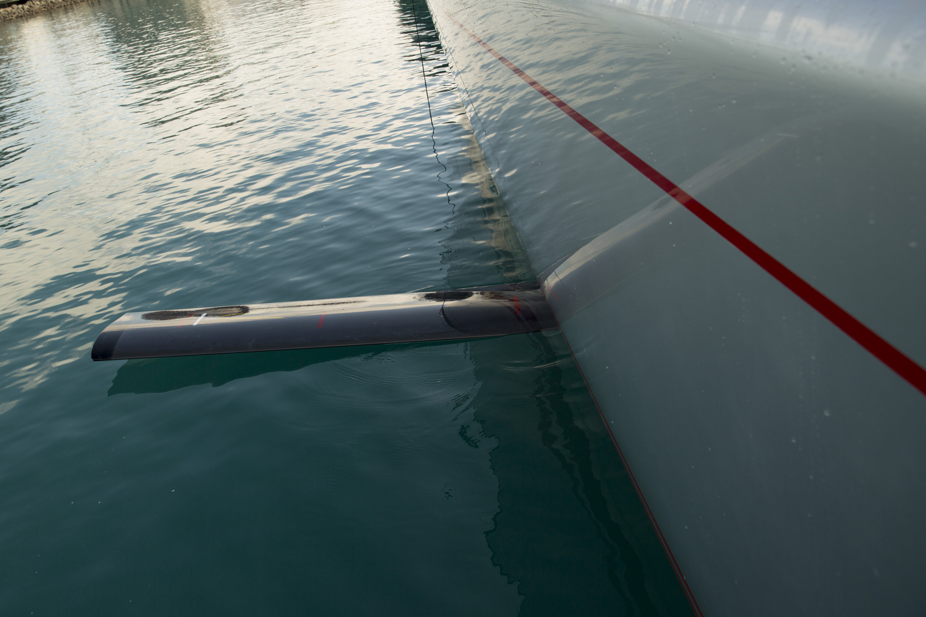 • The original hydrofoil wing fitted to Wild Oats XI – seen here – has been replaced with a longer version for this month’s Rolex Sydney Hobart yacht race. (Credit Andrea Francolini/AUDI)