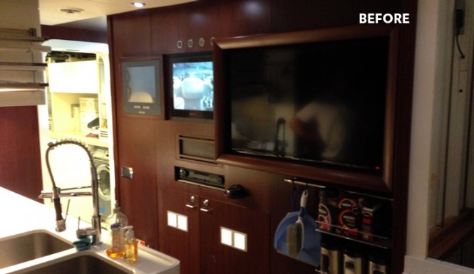 Galley of motor yacht Happy Hour BEFORE transformation by Wild Group International