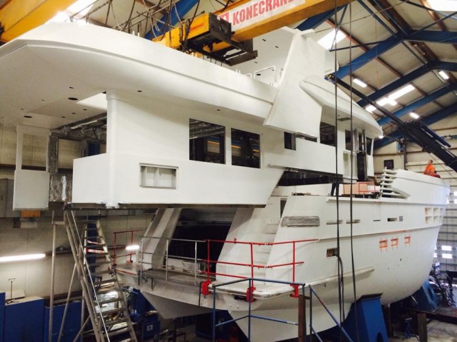 Hull and superstructure of Drettmann Explorer 24 superyacht being put together - Image credit to Acico Yachts