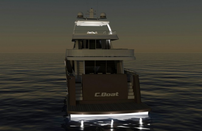 Luxury yacht 31 Explorer by night - aft view