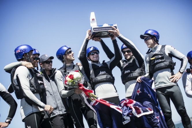 Members of NZL Sailing Team with ETNZ of New Zealand celebrate after winning the Red Bull Youth Americas Cup in San Francisco, California on September 4, 2013 - Image by redbullcontentpool.com