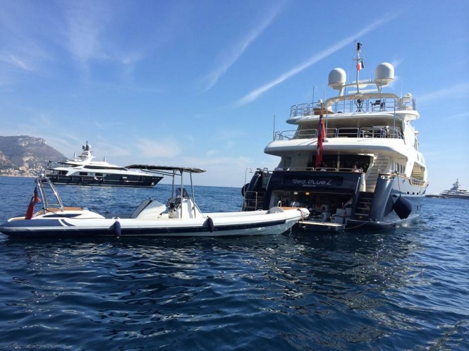 Scorpion 98 Chase Boat and mothership superyacht Sea Bluez at the 2014 Monaco Yacht Show