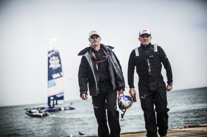 Sports directors Roman Hagara and Hans Peter Steinacher of Austria attend the speed trial of the Red Bull Youth America's Cup in San Francisco, California on August 31, 2013 - Balasz Gardi Red Bull Content Pool