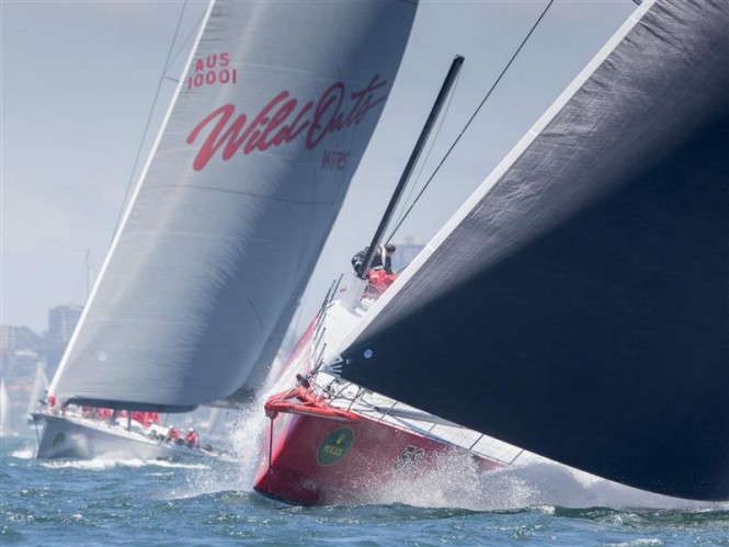 WILD OATS XI and COMANCHE at start of 2014 Rolex Sydney Hobart Yacht Race - Photo by Rolex Daniel Forster