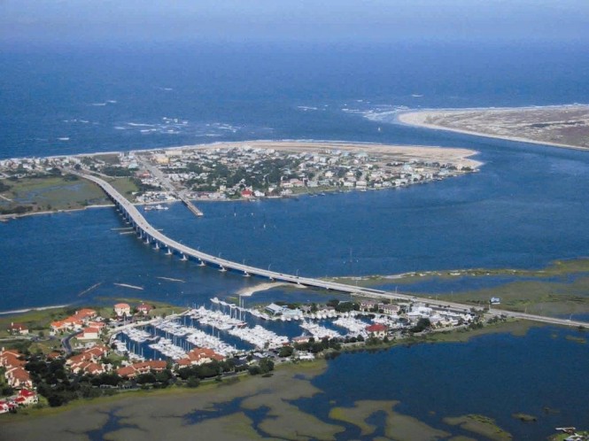 Aerial view of Camachee Cove Yacht Harbor - a beautiful Florida yacht holiday destination