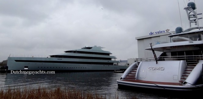 Feadship 686 mega yacht SAVANNAH and COMO superyacht at the Feadship's Royal van Lent facility in Aalsmeer, the Netherlands