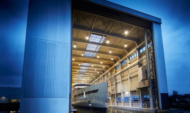 Feadship mega yacht Savannah (hull 686) ready to leave her shed 