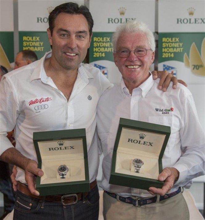 Mark Richards, skipper of Line Honours winner WILD OATS XI, and Roger Hickman, owner and skipper of Overall Winner WILD ROSE - Photo by Rolex Daniel Forster