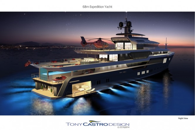 68m Tony Castro Motor Yacht Concept by night