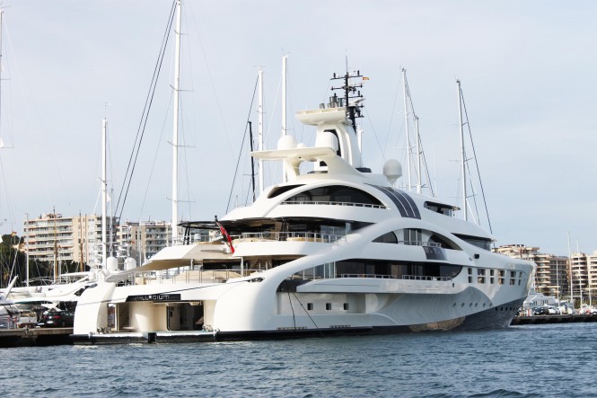 96m mega yacht Palladium by Blohm + Voss moored at Club de Mar Mallorca - a beautiful Mallorca yacht charter destination