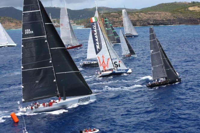 A spectacular start to the 2015 RORC Caribbean 600 in Antigua as IRC Zero and Canting Keel class, including George David's Rambler 88 and John Elkann's Volvo 70, Maserati cross the line ©Tim Wright/Photoaction.com