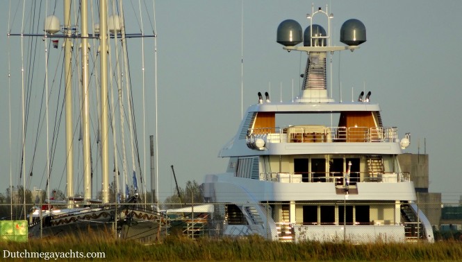 Mega yacht Mikhail S Vorontsov alongside Feadship superyacht ROCK.IT moored in Alaskahaven, the Netherlands