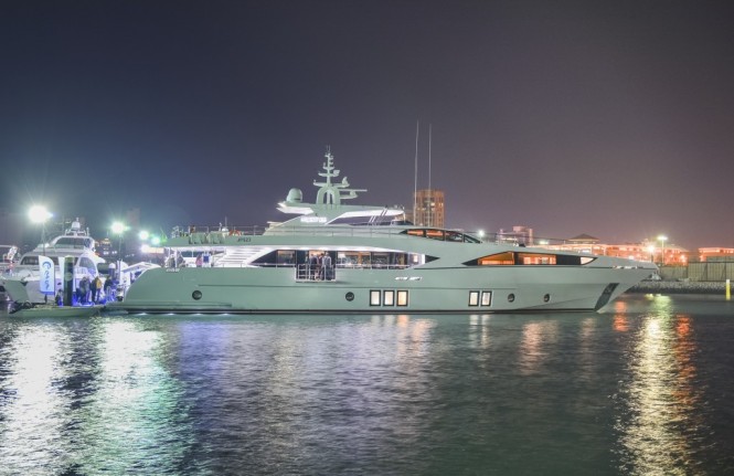 Night shot of motor yacht Majesty 122 at the Kuwait Yacht Show 2015