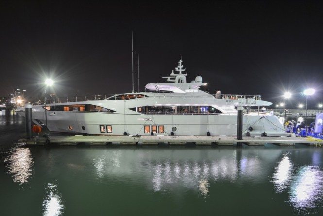 Night shot of the Majesty 122 Yacht at the Kuwait Yacht Show