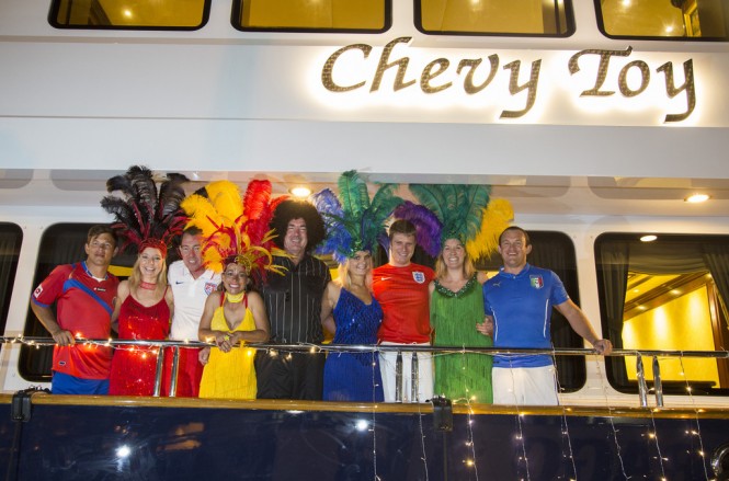 The captain and crew of the 142-foot motor yacht Chevy Toy during the 2014 “Yacht Hop”. (Photo credit Billy Black)