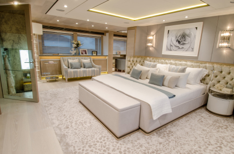 “THUMPER’s” stunningly sumptuous Master Stateroom features luxurious bespoke upholstery, fabrics and an expansive sunken bathroom