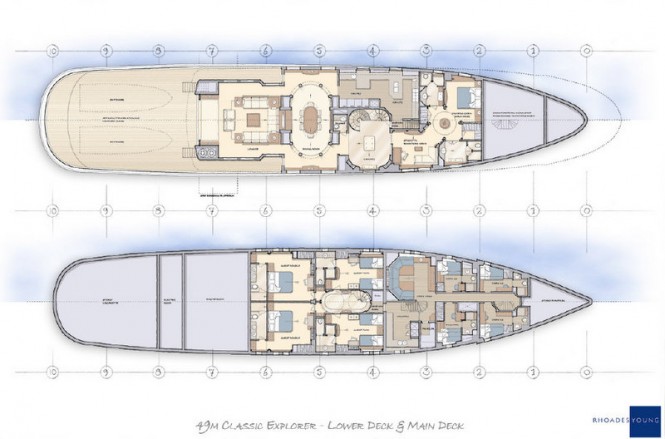 49m Rhoades Young luxury yacht concept - Lower Deck & Main Deck