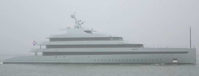 83m Feadship superyacht Savannah under sea trial at passage of a foggy Hook of Holland - Photo by Kees Torn
