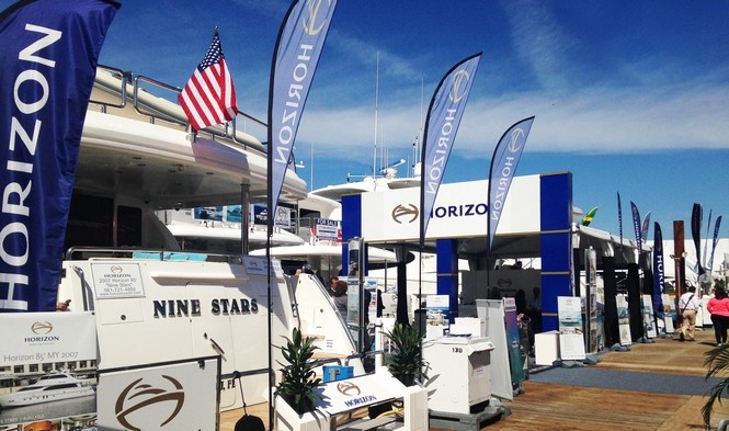 85' Horizon superyacht Nine Stars on display at the 2015 Miami Yacht & Brokerage Show