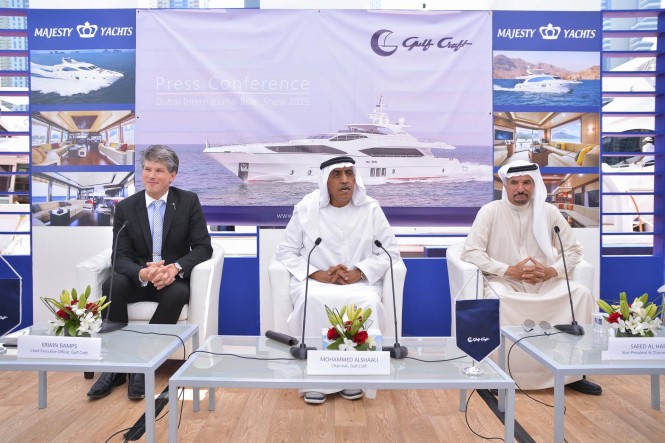(From Left) Erwin Bamps, CEO of Gulf Craft; Mohammed Al Shaali, Chairman of Gulf Craft; Saeed Hareb, Vice President and Chairman of Dubai International Marine Club