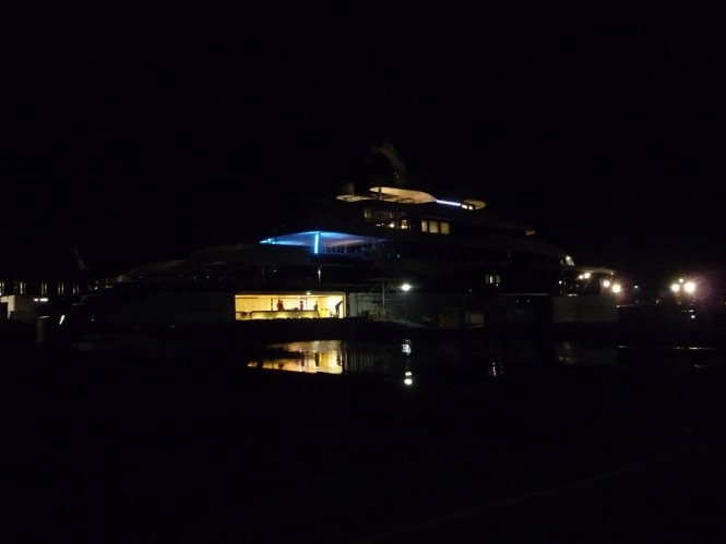 Luxury motor yacht Symphony by night - Photo credit to Feadship Fanclub