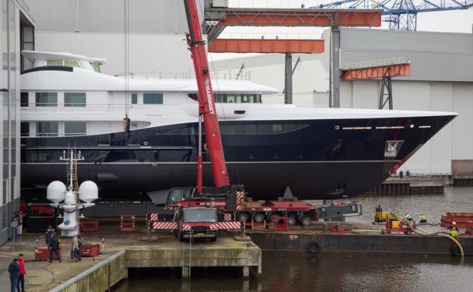 Luxury yacht LA FAMILIA leaving her shed