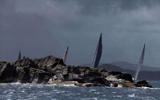 Rain squall during Day 2 Coastal Race. Rolex Swan Cup Caribbean 2015. © Rolex/Carlo Borlenghi