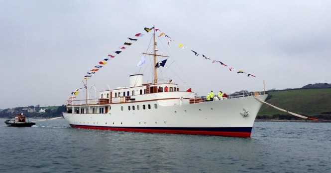Re-launch of 50m classic motor yacht MALAHNE at Pendennis Shipyard in Falmouth, UK