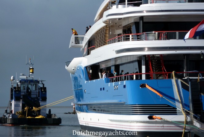 Super yacht MADAME GU with tug - Photo by Dutchmegayachts