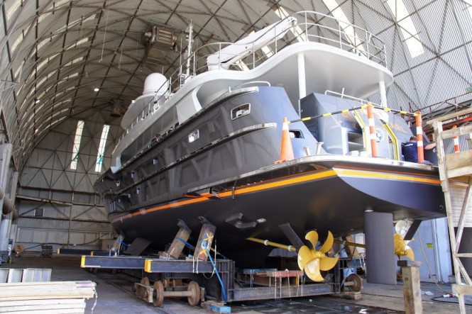 Superyacht Black Pearl being rolled out for launching by Oceania Marine - Image credit to Oceania Marine