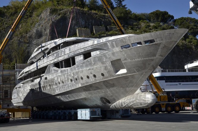 50m superyacht M50 (hull 22-04) - hull and superstructure joined together - Photo credit to Mondomarine