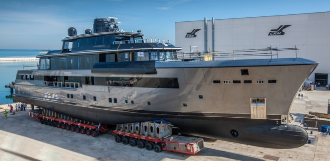 55m superyacht CRN 134 on the slipway ready to be launched 