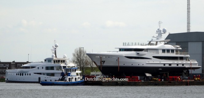 Amels superyacht Madame Kate and the just rolled out Hull 468 - Photo by Dutchmegayachts