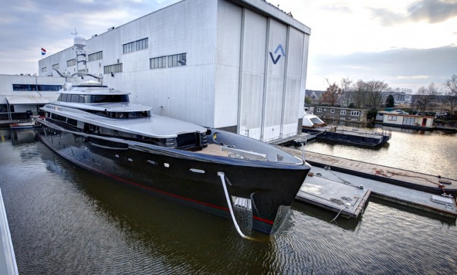 Launch of luxury yacht Kiss (hull 689) at Feadship