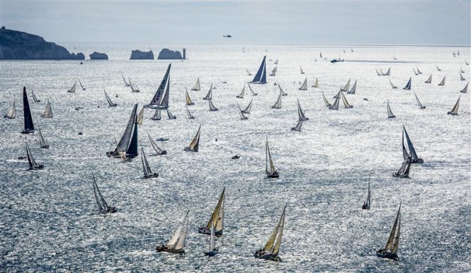 An impressive sight as The Rolex Fastnet Race fleet heads out of the Solent in the last race © Rolex Kurt Arrigo