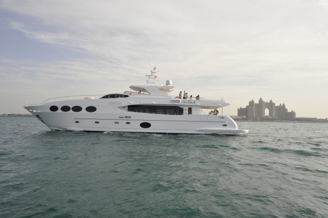 Gulf Craft superyacht Majesty 105 with Atlantis in the background