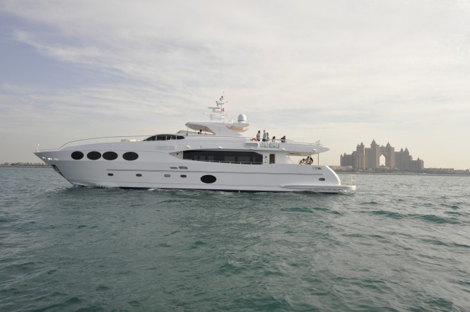Gulf Craft superyacht Majesty 105 with Atlantis in the background