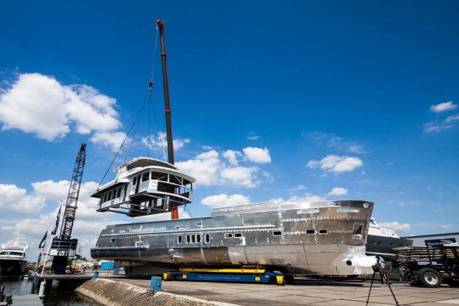 Hull and superstructure of Trawler 2395 Yacht being joined together - Photo by Wim van der Valk Continental Yachts