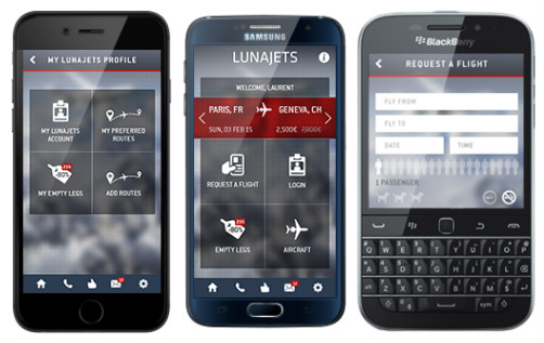 LunaJets Private Jet Charter App - Available thought AppStore, Google Play and BlackBerry World