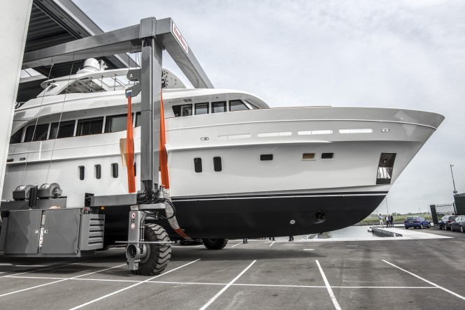 Mulder 94 Voyager superyacht Firefly leaving her shed