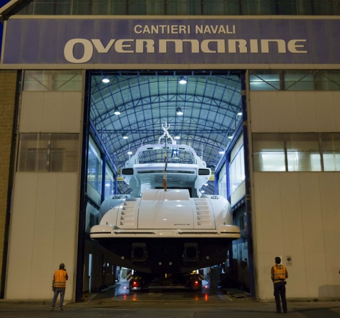 Superyacht Mangusta 132#01 leaving her shed to be launched