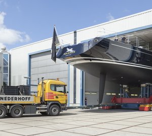 Majestic 43m Royal Huisman Sailing Yacht SEA EAGLE leaves the yard