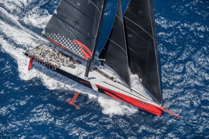 100ft sailing superyacht COMANCHE by Hodgdon Yachts at full speed