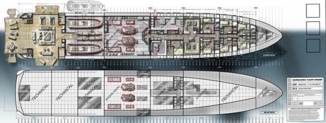 65m Barracuda Explorer motor yacht design - Lower & Bilge Deck
