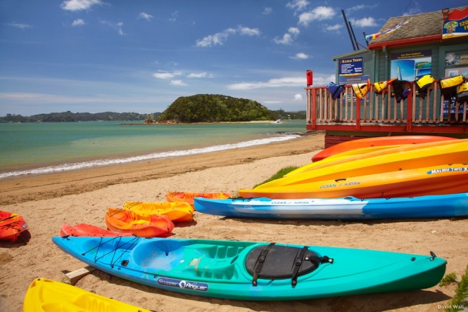 Kayaks on beach, Paihia, Bay of Islands, Northland, North Island, New Zealand