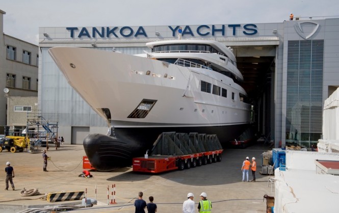 First TANKOA S693 Superyacht SUERTE leaving her shed 
