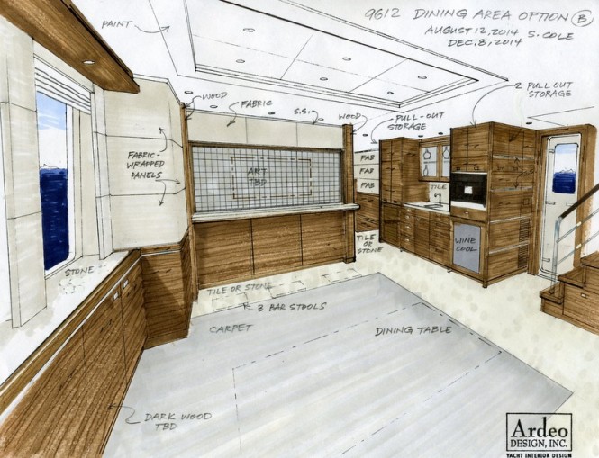 Nordhavn 96' Superyacht N9612 - Dining area with motorized partition up, Coffee Tea Station is on starboard side