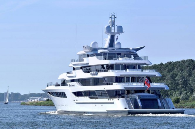 Superyacht Royal Romance at the North Sea Canal near Buitenhuizen, heading from Amsterdam to IJmuiden, July 21, 2015. Photo Jan Ramaker and Feadship Fanclub