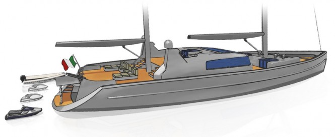 A sketch of the swimming platform and garage aboard Project Blue Yacht Concept