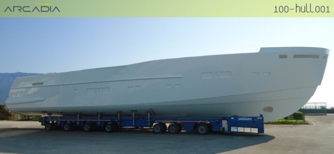 Hull of the first Arcadia 100 Yacht